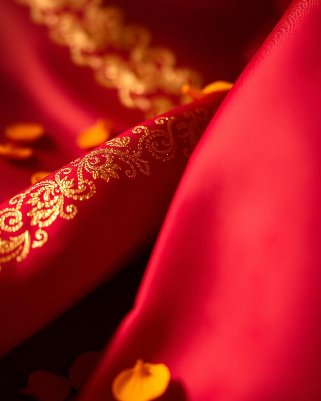 Deep red silk with gold zari embroidery and marigold petals