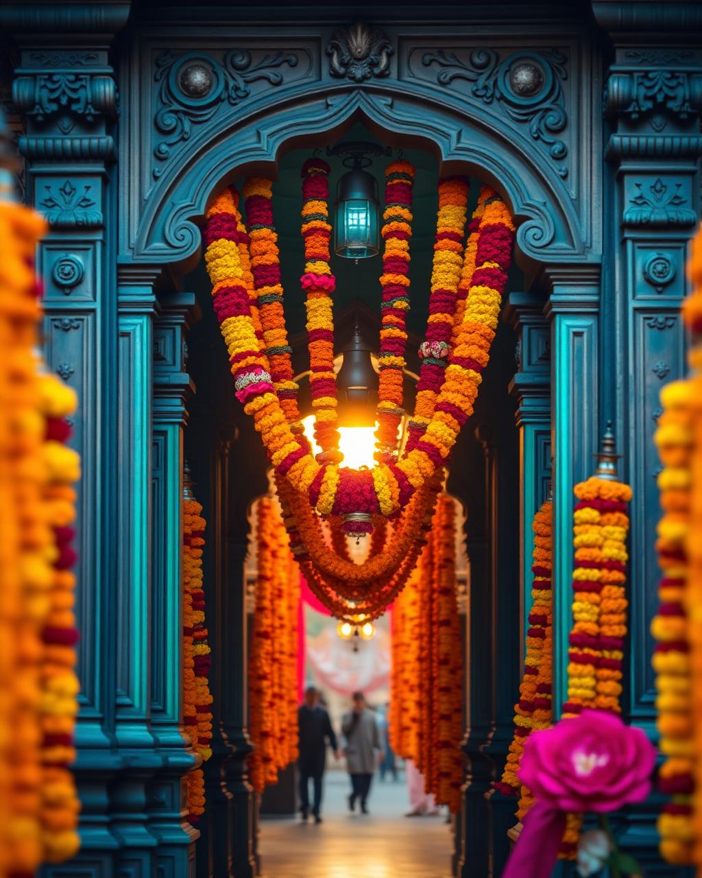 Marigold garlands hung in a carved teal temple archway