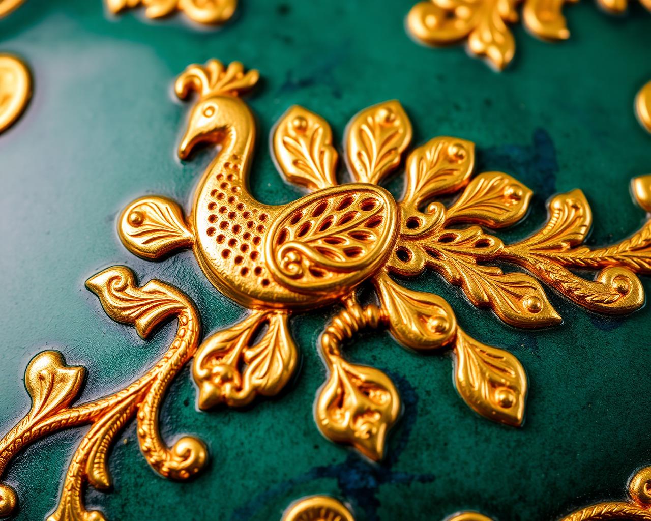 Gold peacock filigree on peacock-teal enamel