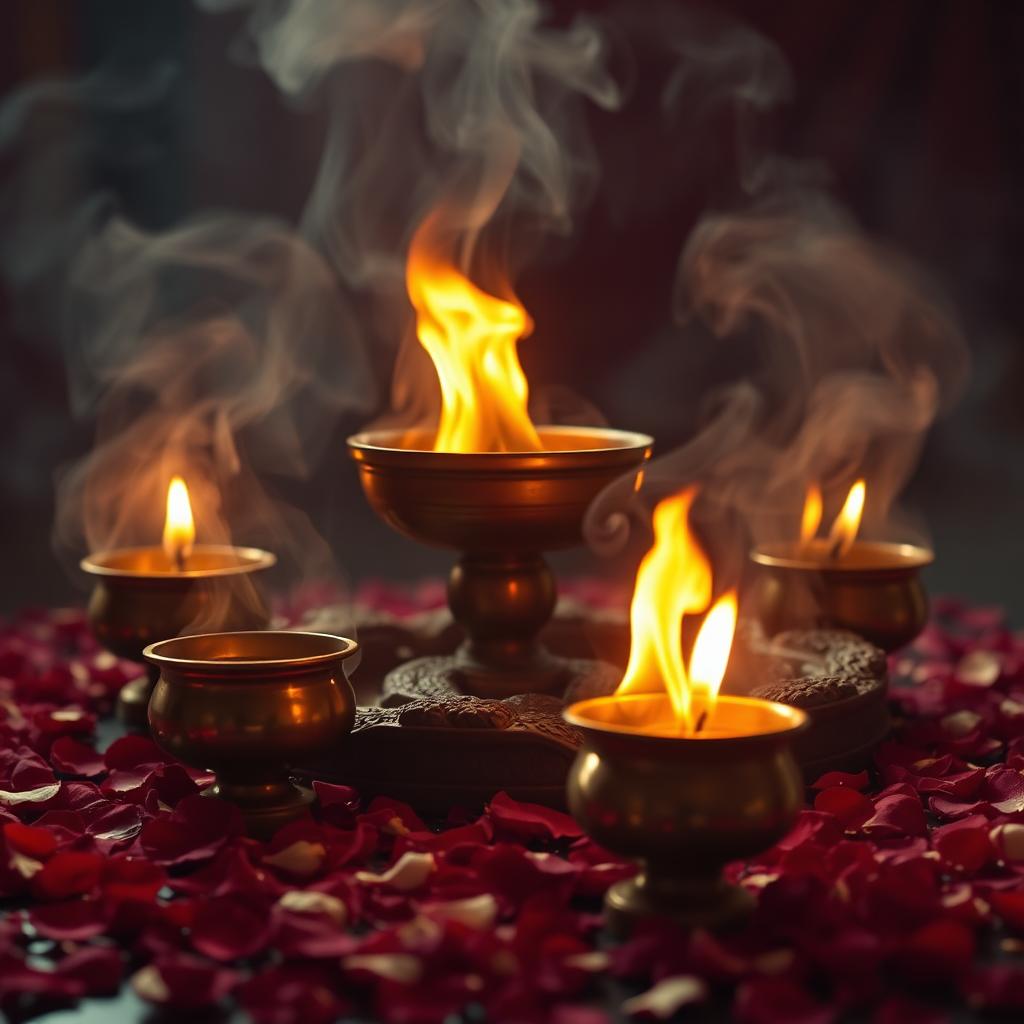 Sacred fire ceremony vessels surrounded by rose petals